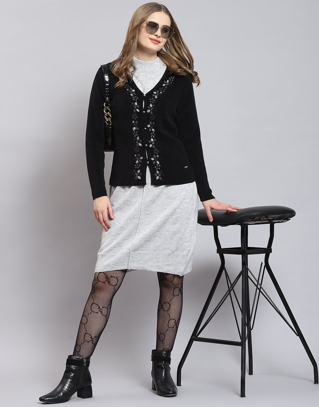 Women Black Embellished V Neck Full Sleeve Cardigan