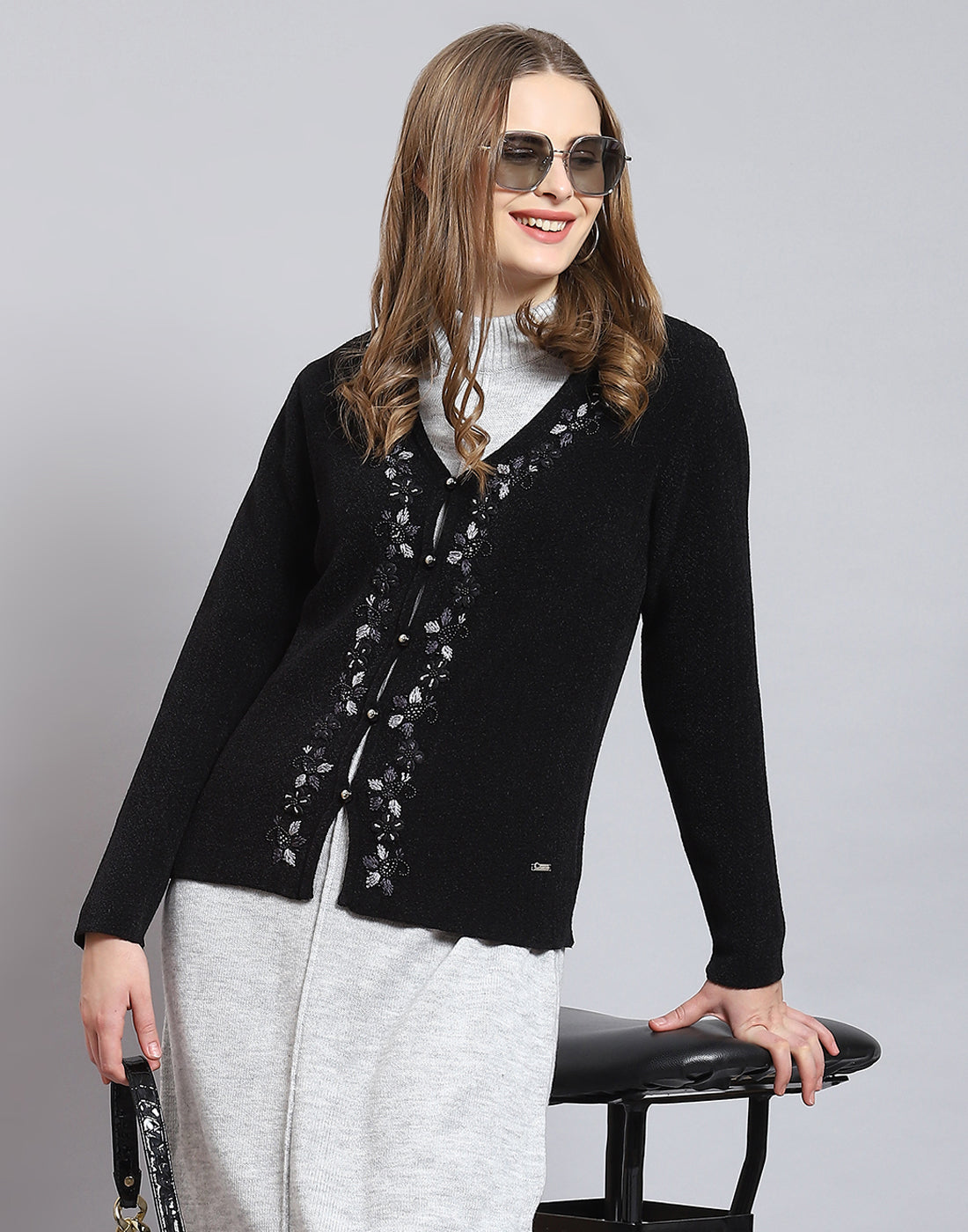 Women Black Embellished V Neck Full Sleeve Cardigan