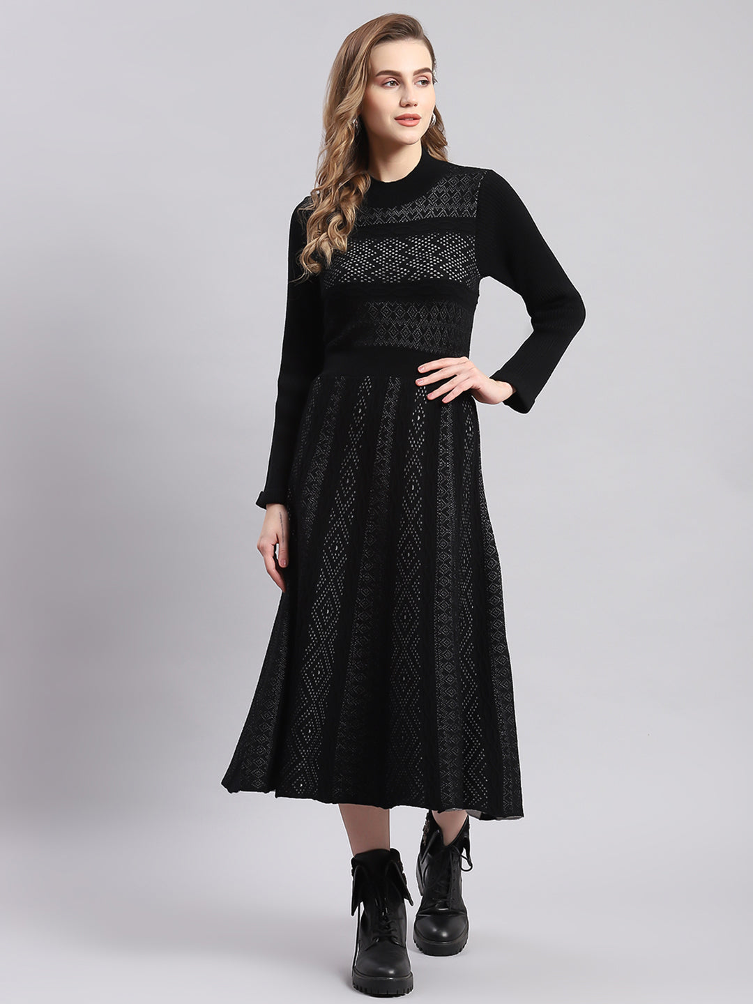 Women Black Self Design T Neck Full Sleeve Dresses