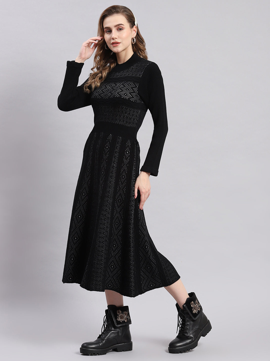 Women Black Self Design T Neck Full Sleeve Dresses