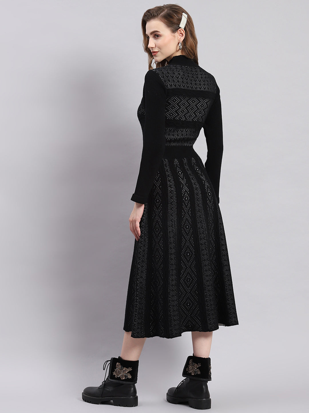 Women Black Self Design T Neck Full Sleeve Dresses