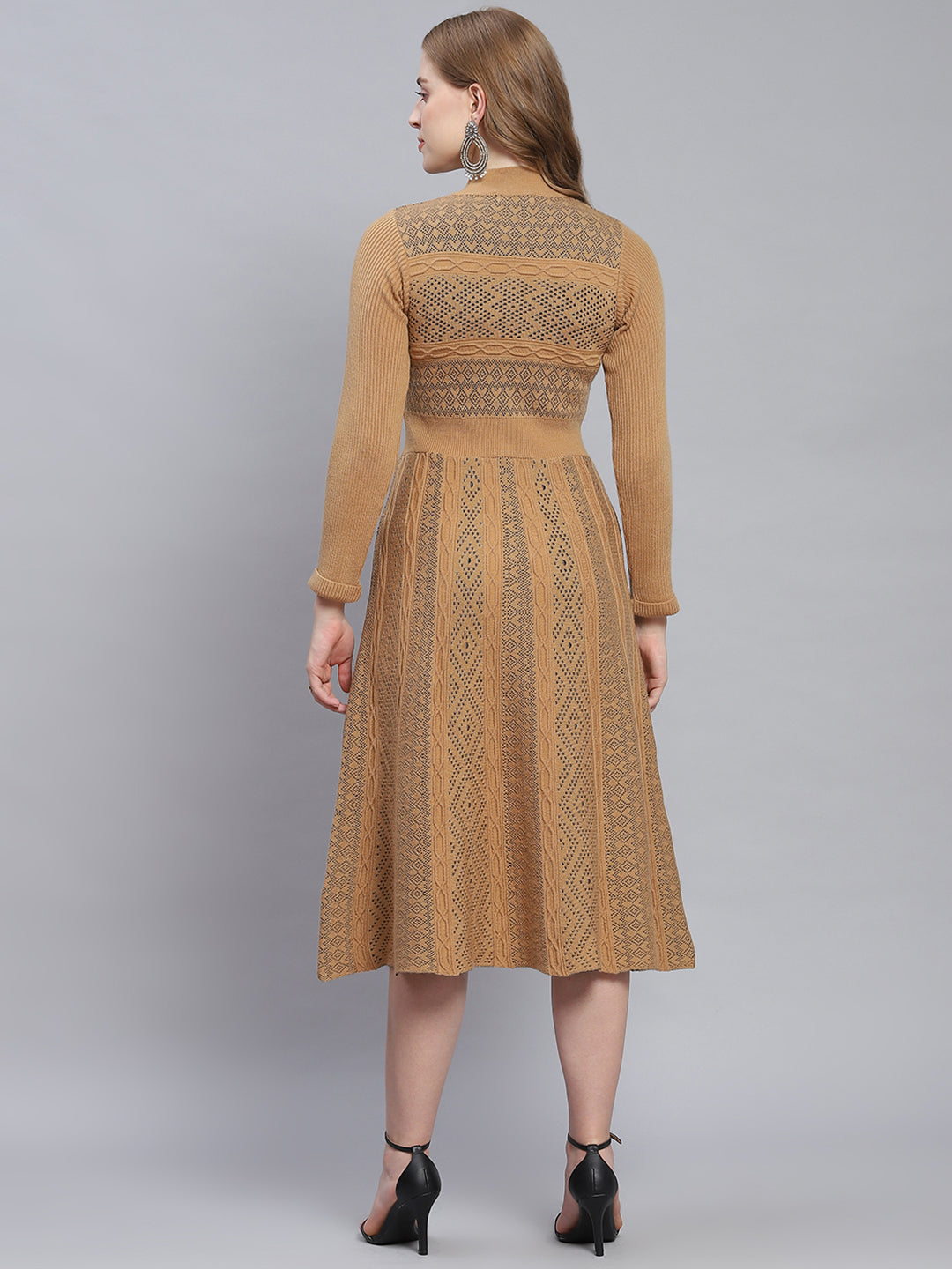 Women Brown Self Design T Neck 3/4 Sleeve Dresses