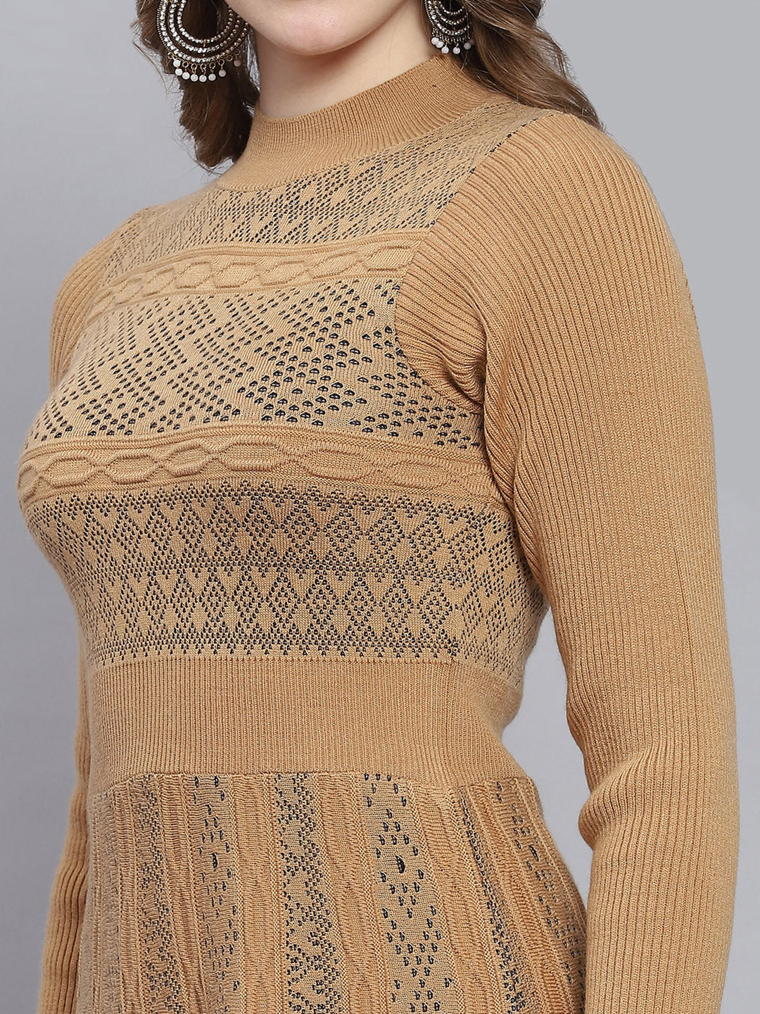 Women Brown Self Design T Neck 3/4 Sleeve Dresses