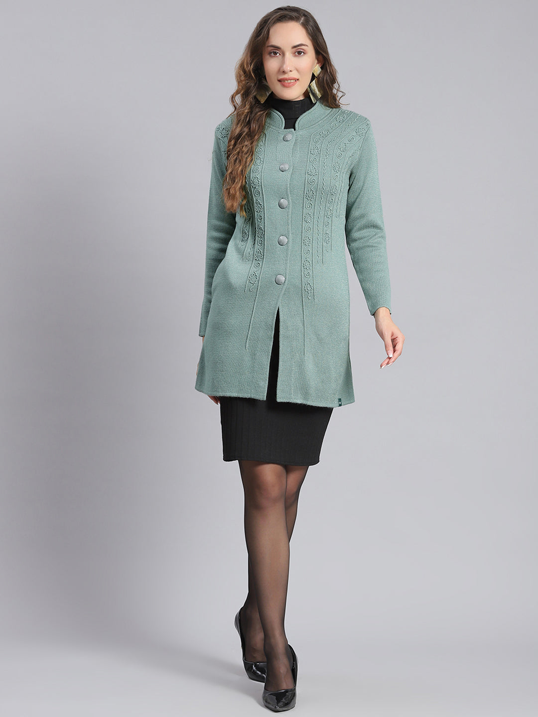 Women Green Self Design Mandarin Collar Full Sleeve Coats