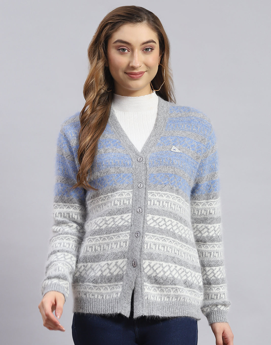 Women Blue Self Design V Neck Full Sleeve Sweater