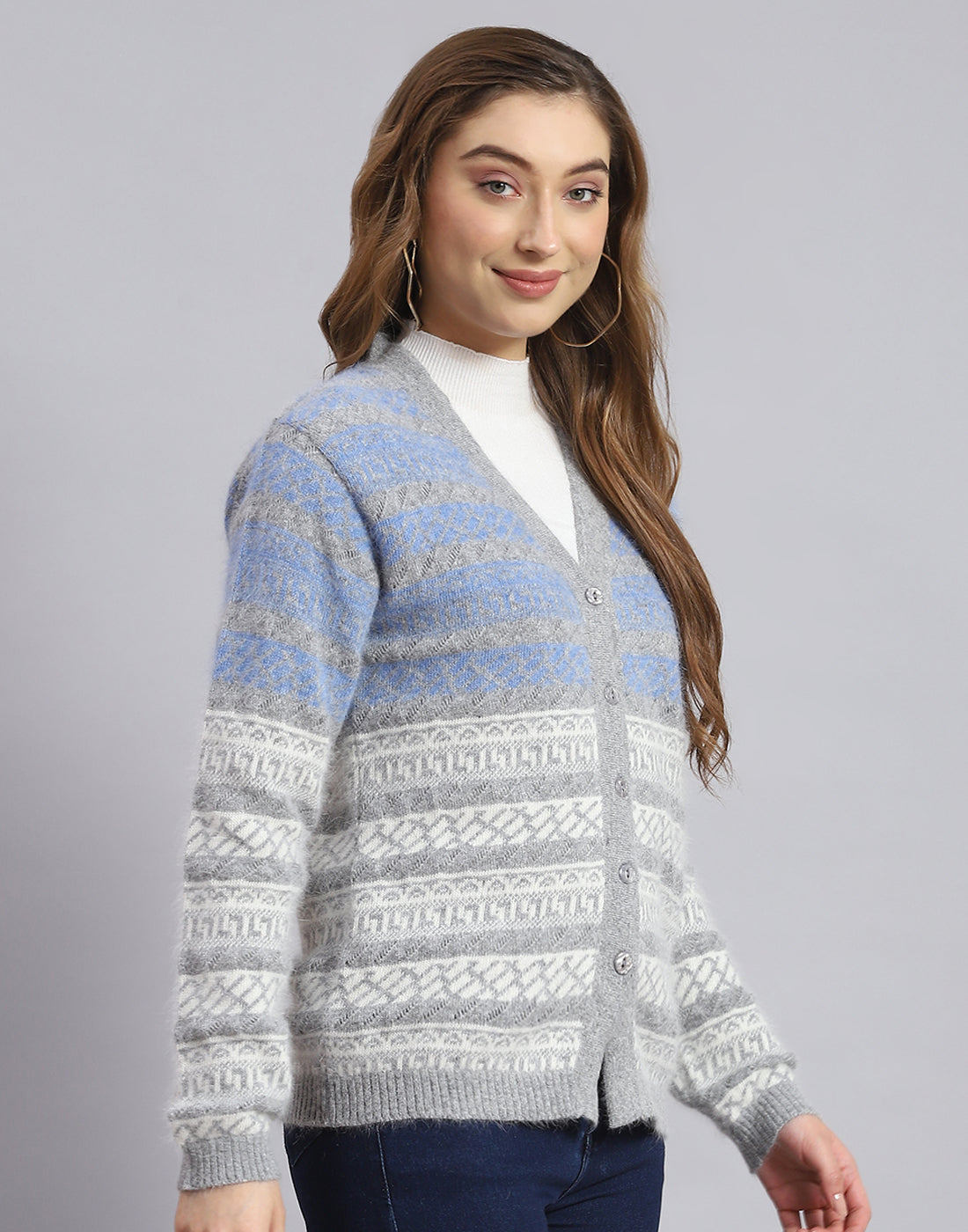 Women Blue Self Design V Neck Full Sleeve Sweater