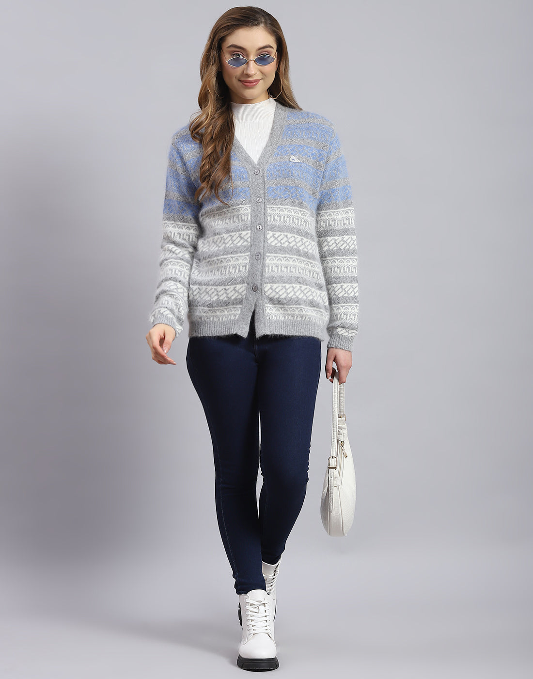 Women Blue Self Design V Neck Full Sleeve Sweater