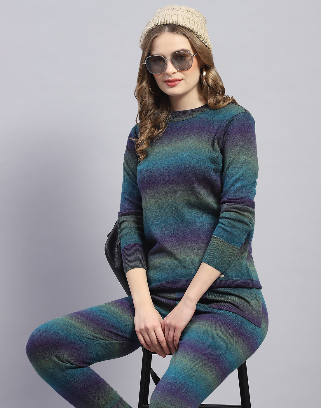 Women Teal Blue Solid Round Neck Full Sleeve Cords Set