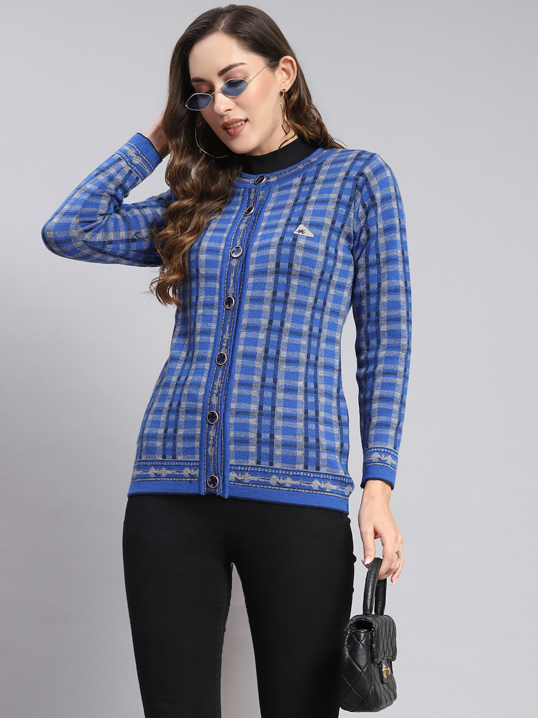 Women Blue Check Round Neck Full Sleeve Cardigans