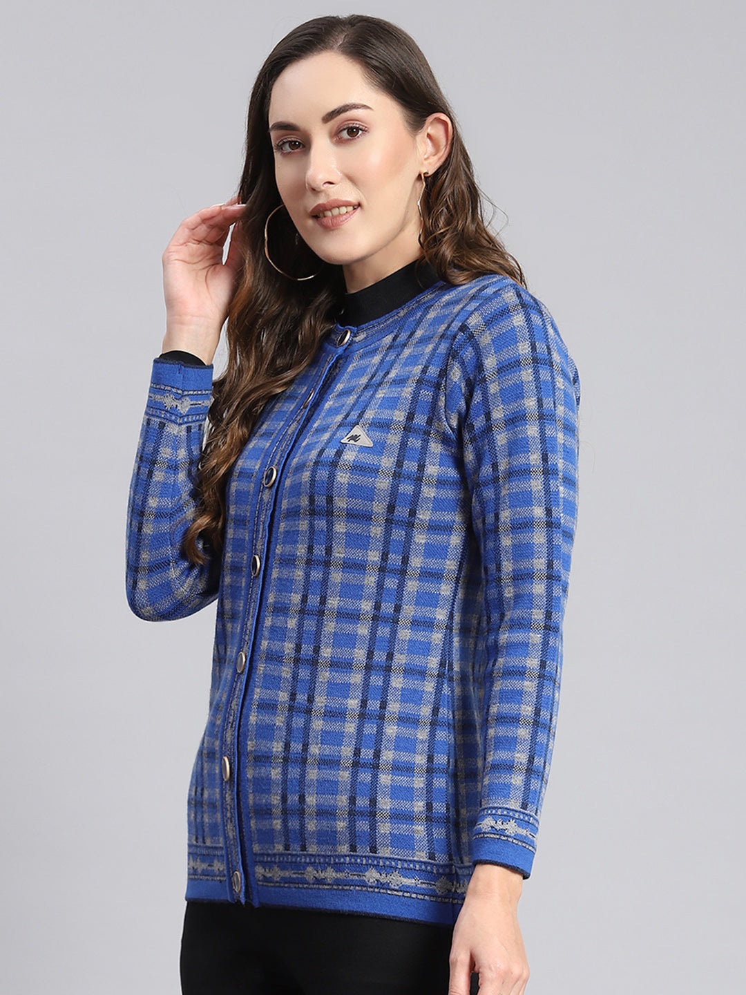 Women Blue Check Round Neck Full Sleeve Cardigans