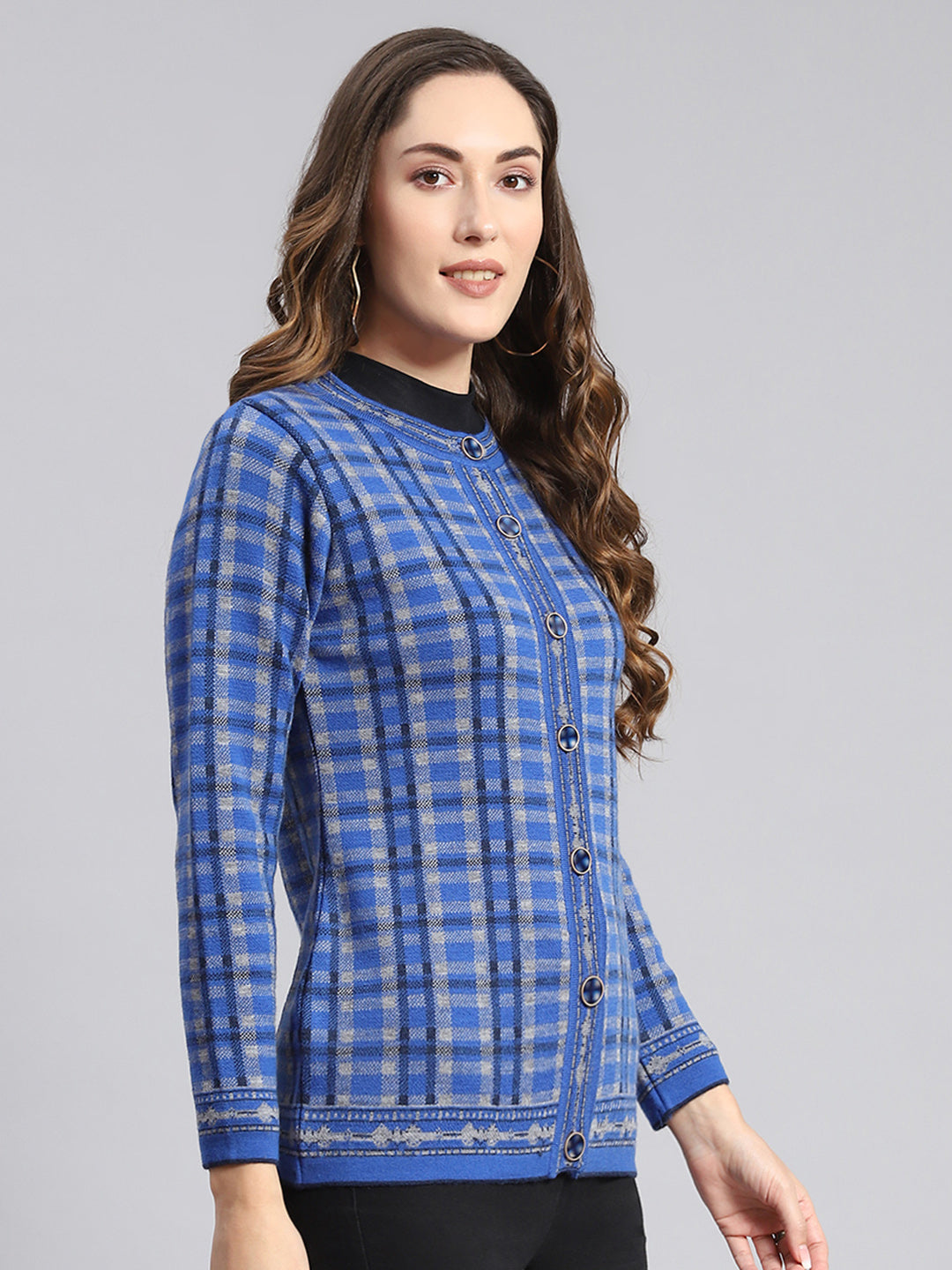 Women Blue Check Round Neck Full Sleeve Cardigans