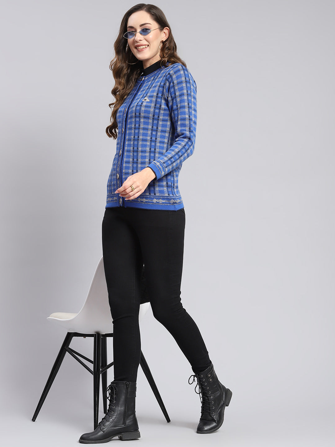 Women Blue Check Round Neck Full Sleeve Cardigans