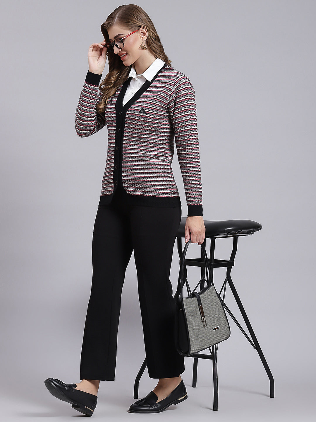 Women Black Jaquard Pure wool Cardigan