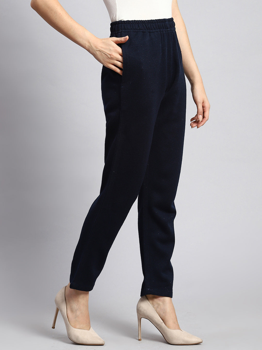 Women Navy Blue Self Winter Lower
