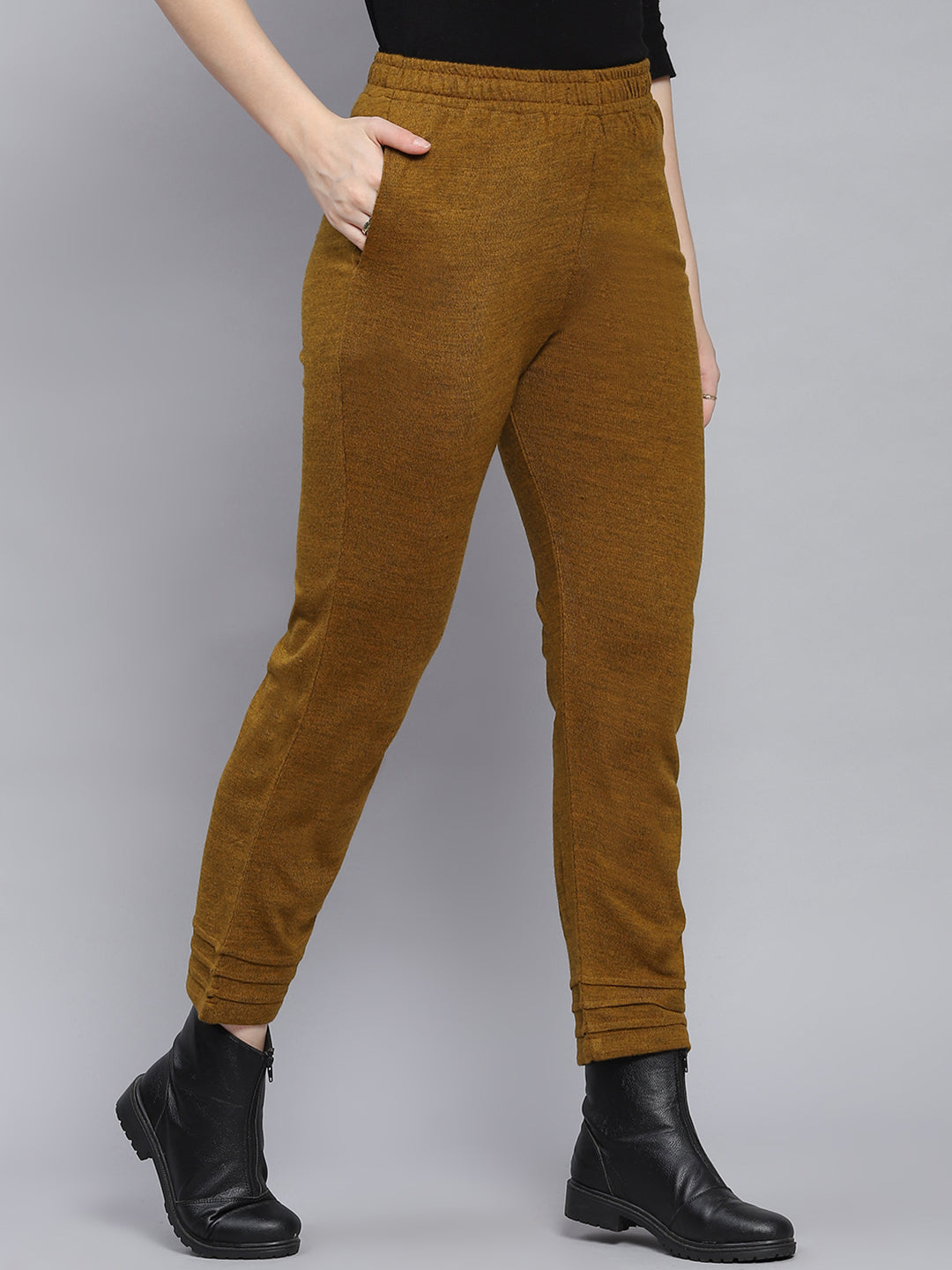 Women Mustard Solid Regular Fit Winter Lowers