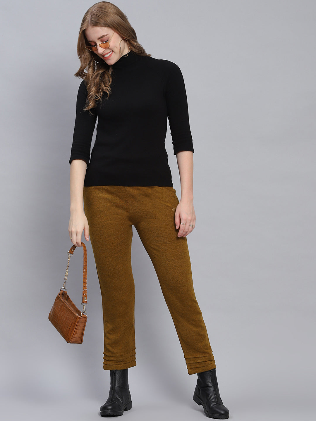 Women Mustard Solid Regular Fit Winter Lowers