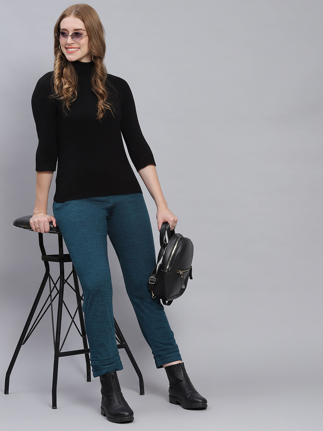 Women Teal Blue Solid Regular Fit Winter Lowers