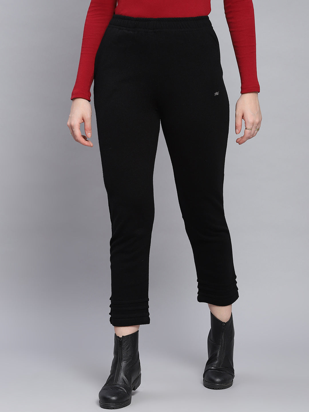 Women Black Solid Regular Fit Winter Lowers