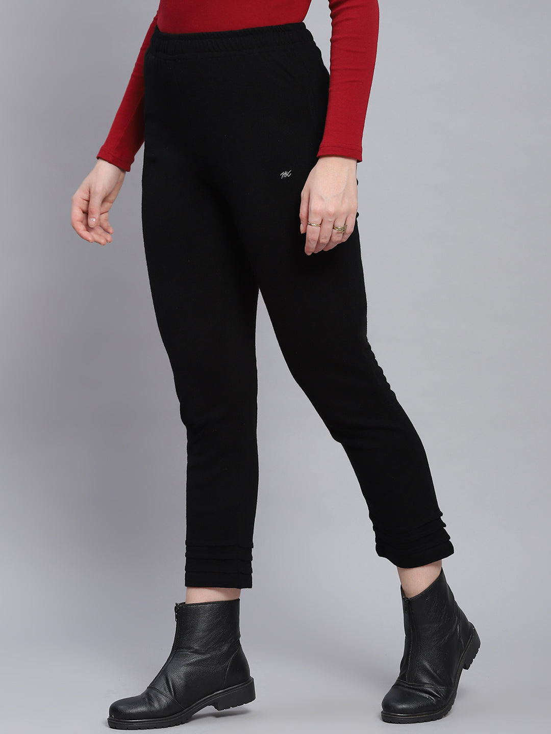 Women Black Solid Regular Fit Winter Lowers