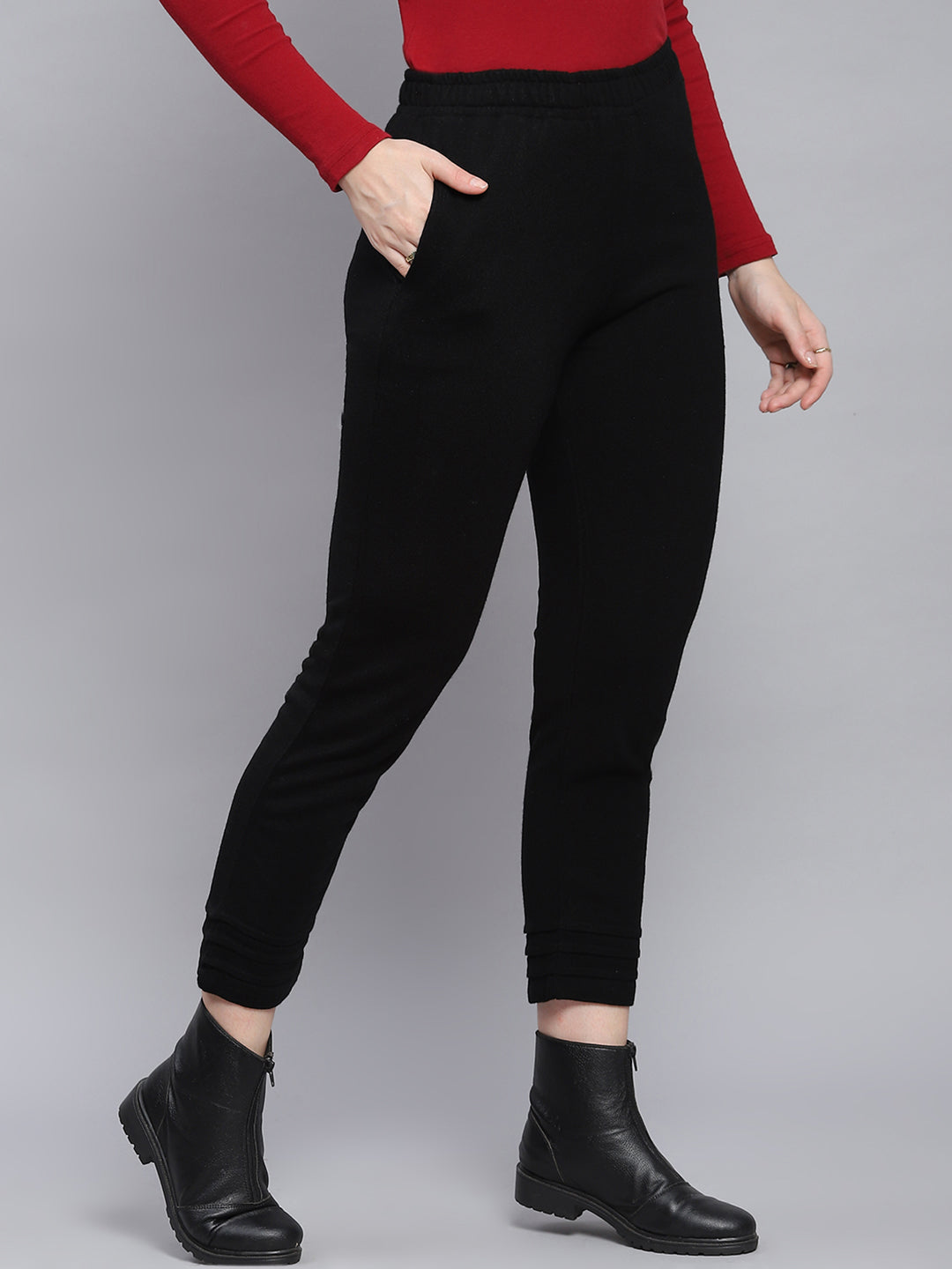 Women Black Solid Regular Fit Winter Lowers