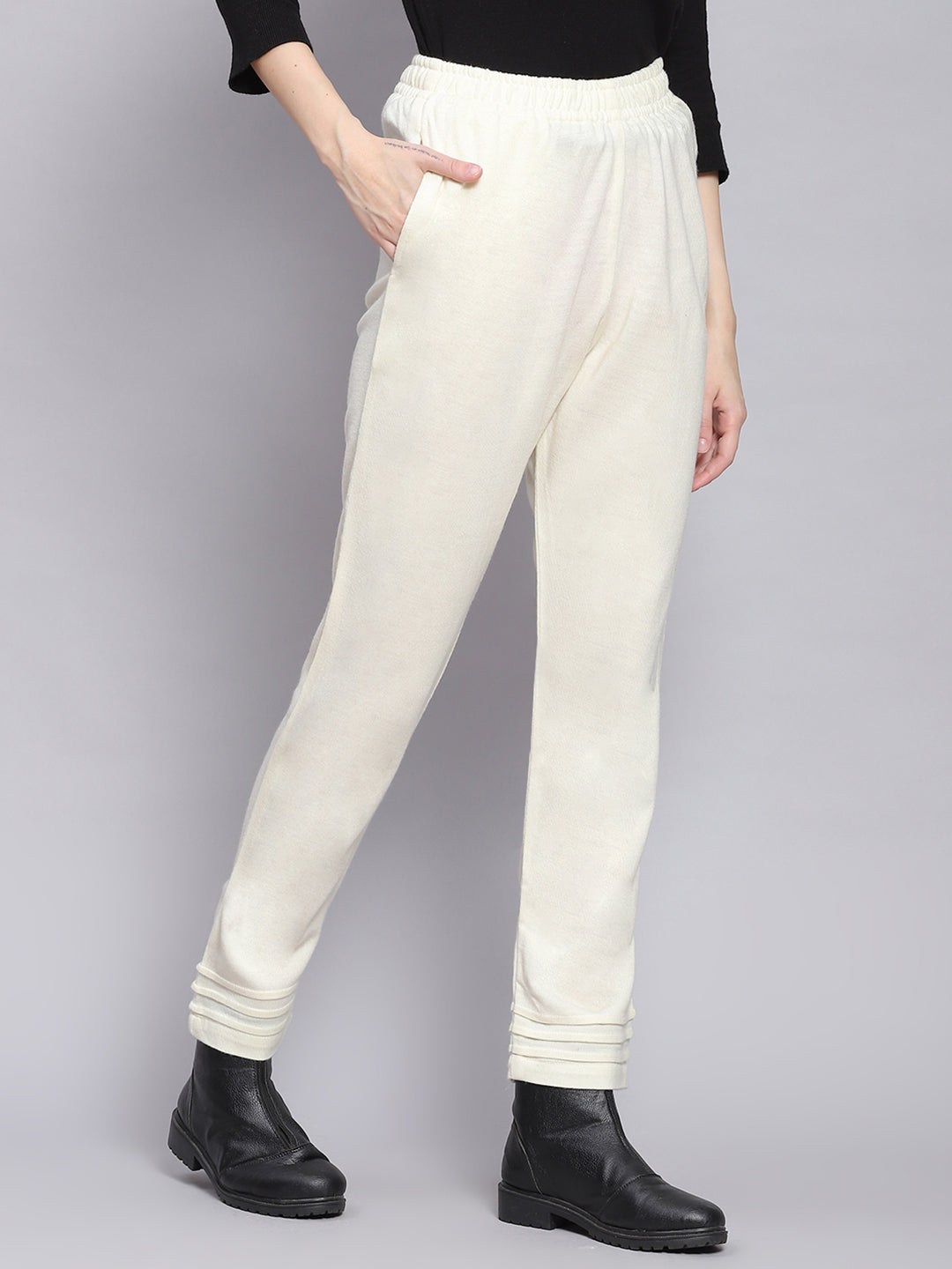 Women Off White Solid Regular Fit Lowers