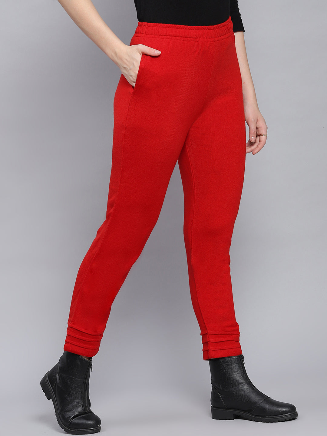 Women Red Solid Regular Fit Winter Lowers