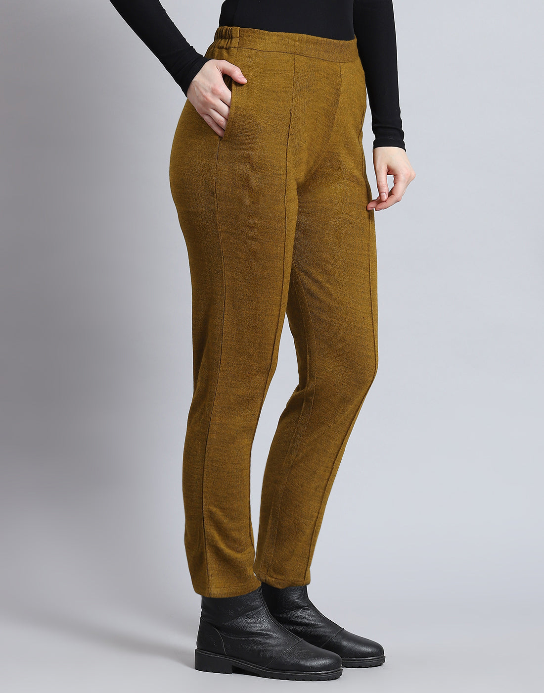 Women Mustard Self Design Regular Fit Winter Lower
