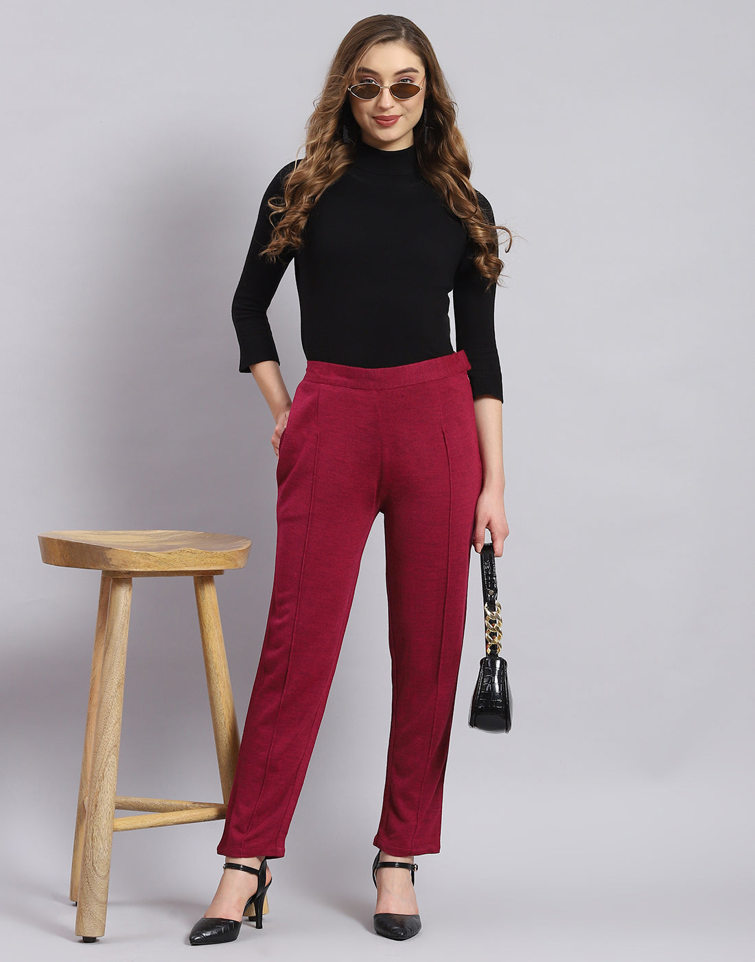 Women Maroon Self Design Regular Fit Winter Lower