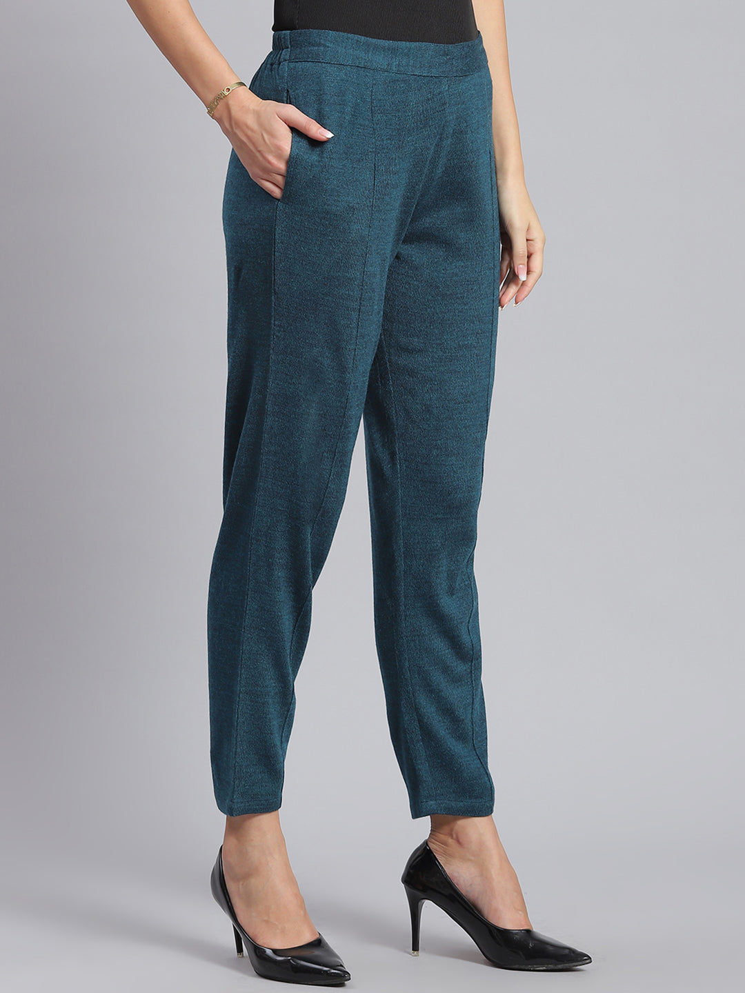 Women Teal Blue Self Design Regular Fit Winter Lowers