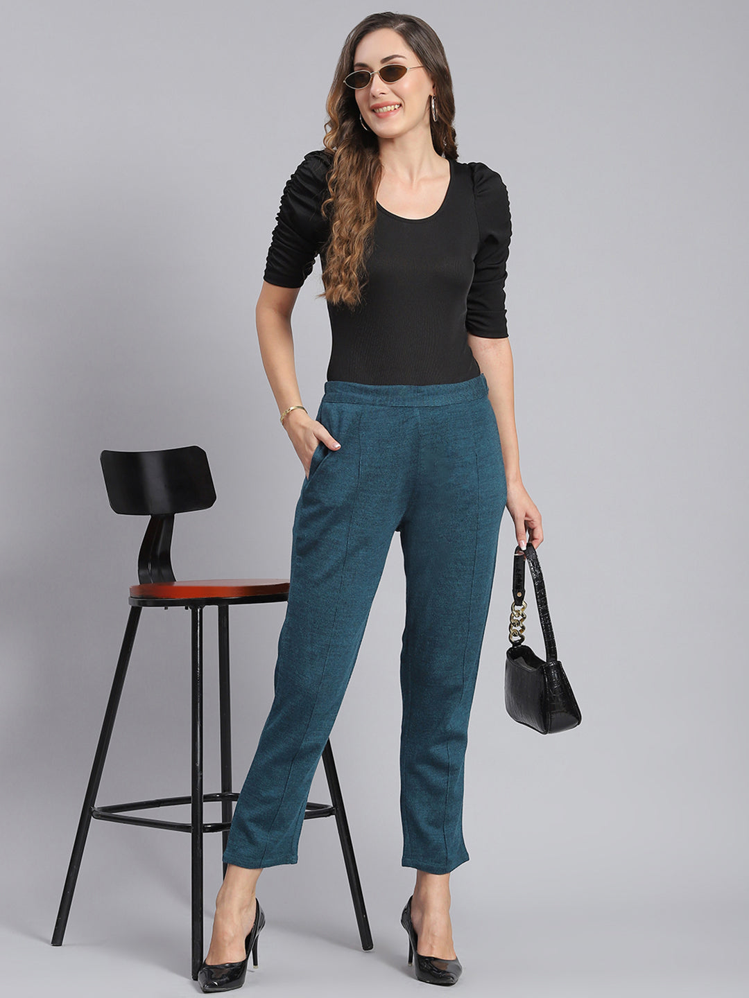 Women Teal Blue Self Design Regular Fit Winter Lowers