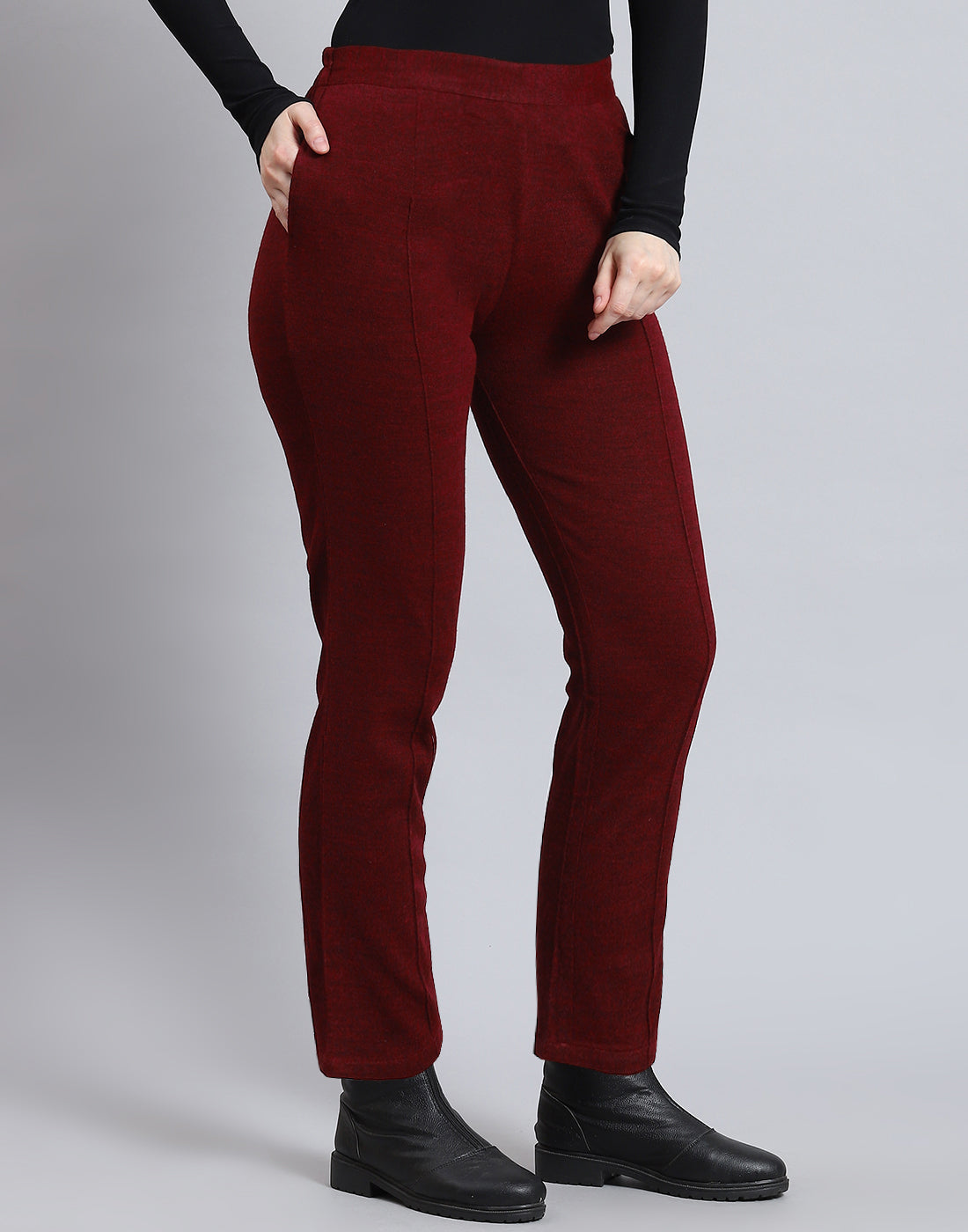 Women Maroon Self Design Regular Fit Winter Lower