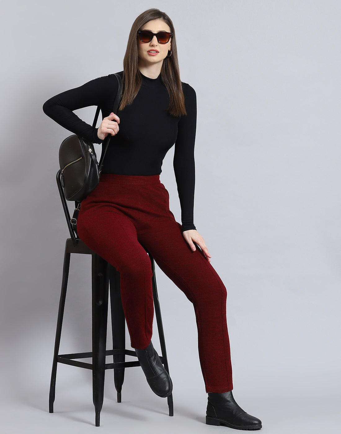 Women Maroon Self Design Regular Fit Winter Lower