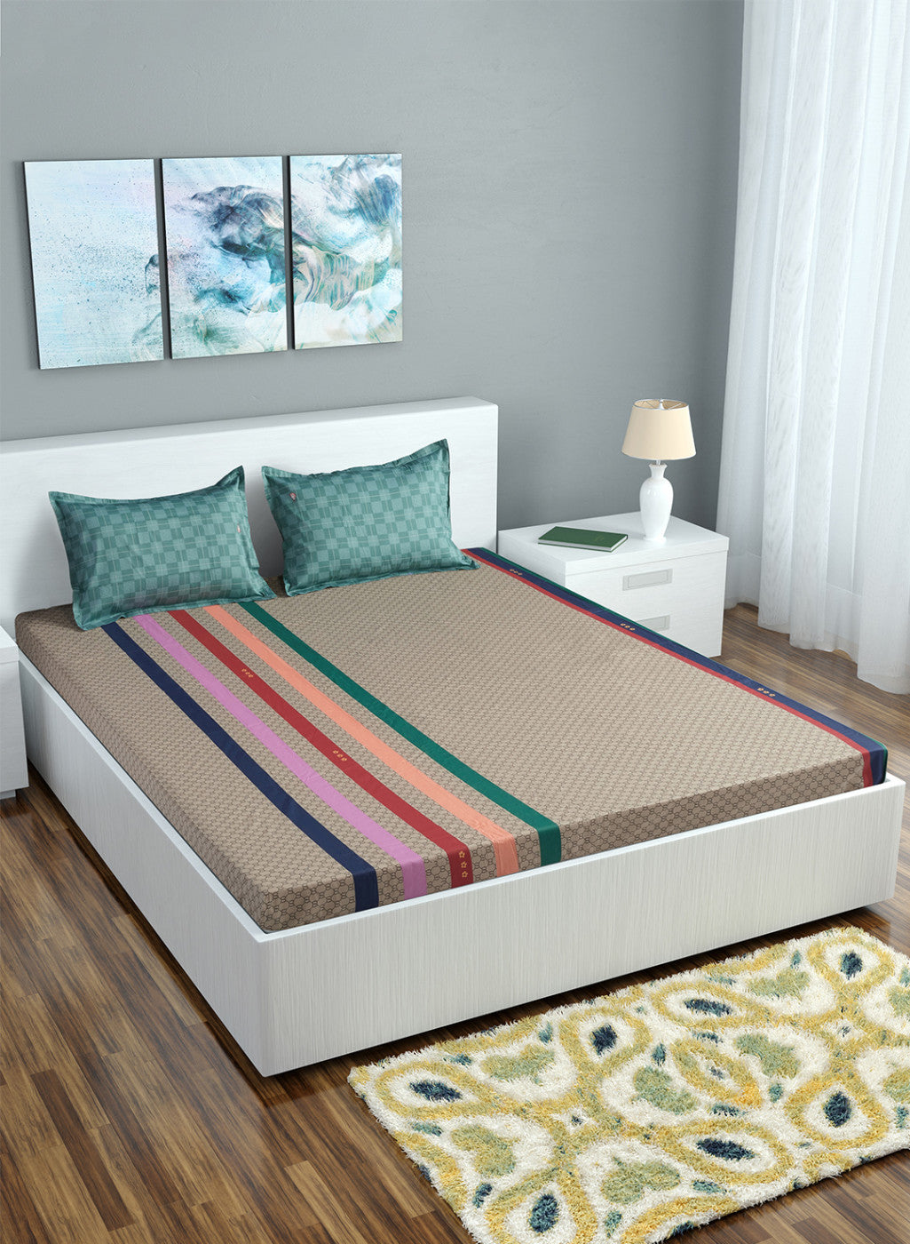 Multi Color 128/68 TC Bedsheet with 2 Pillow Covers