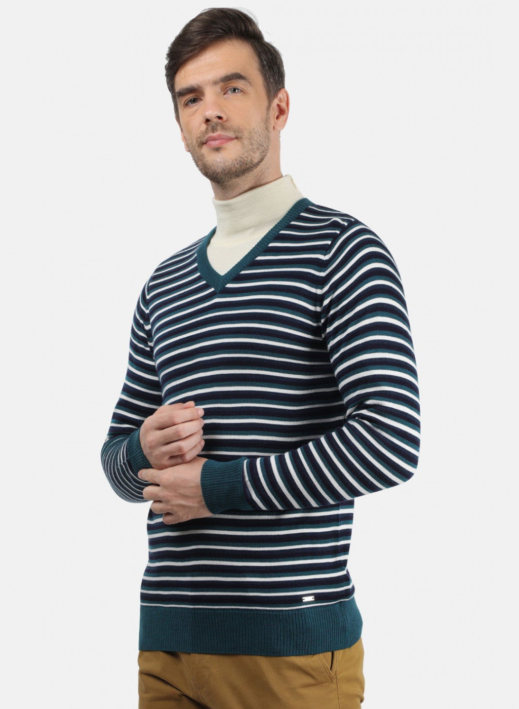 Men Sea Green & NAvy Solid Pullover