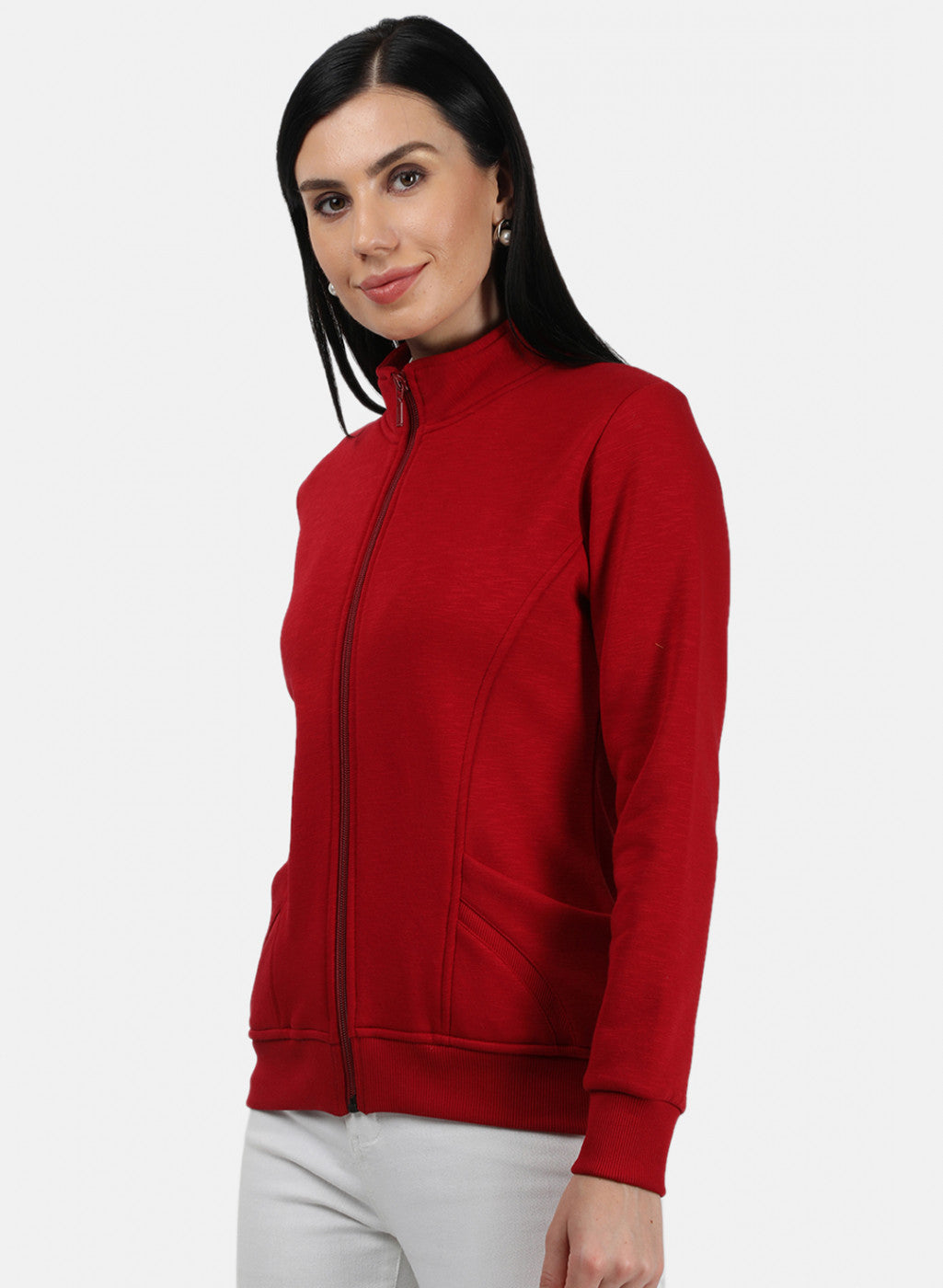 Women Red Plain Sweatshirt