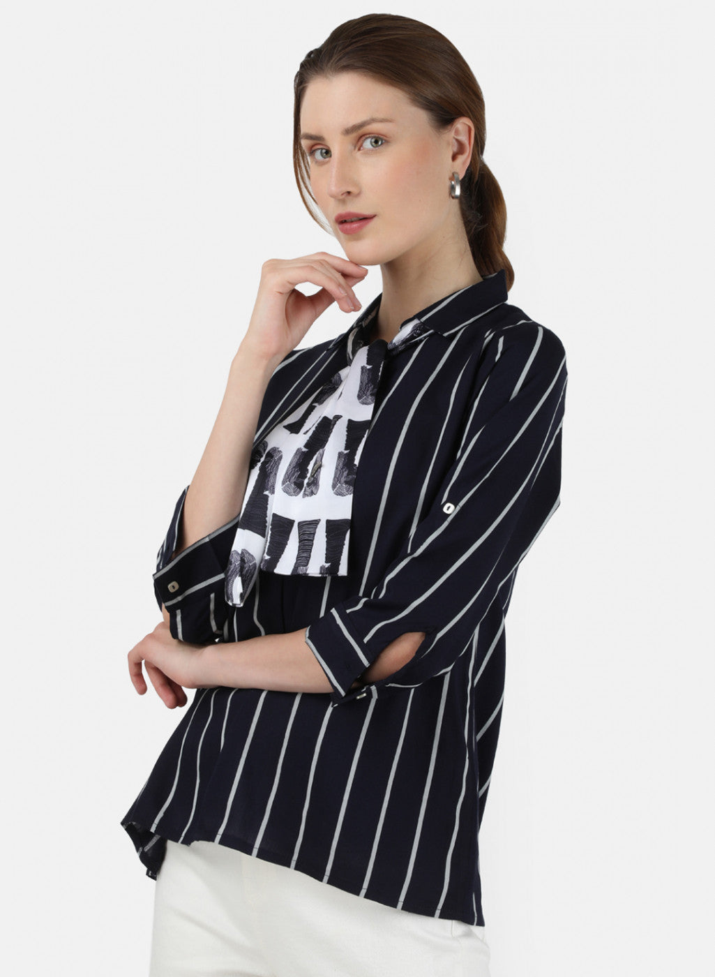 Womens Navy Blue & White Printed Top