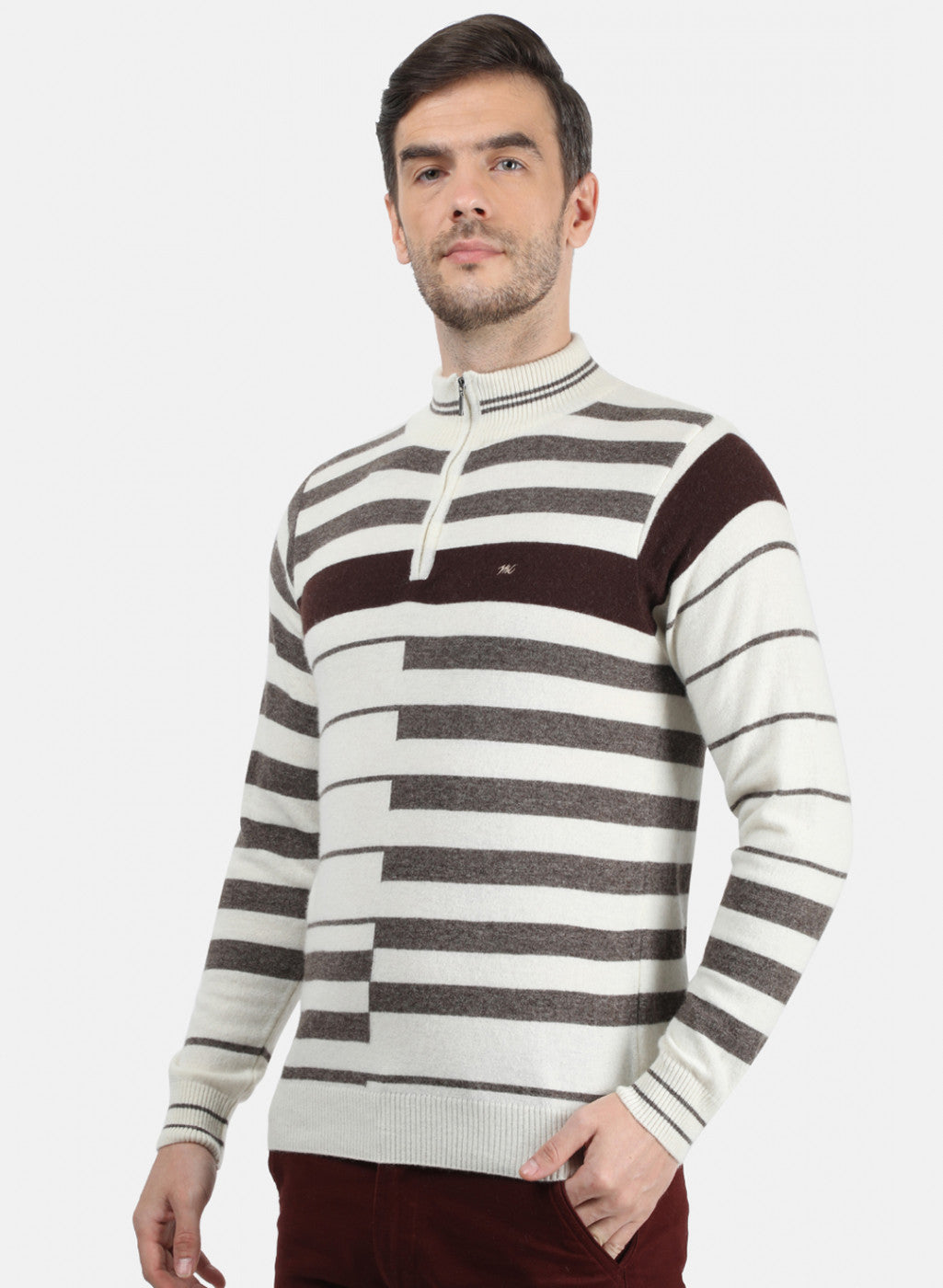 Men Off White & Brown Solid Pullover
