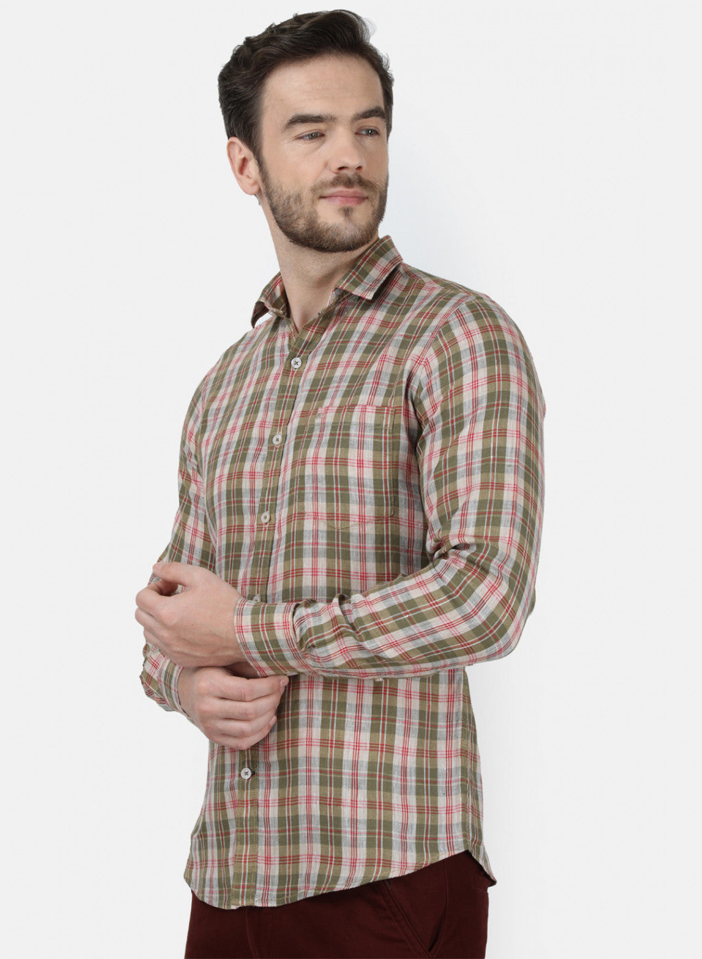 Mens Olive Check Linen Shirt