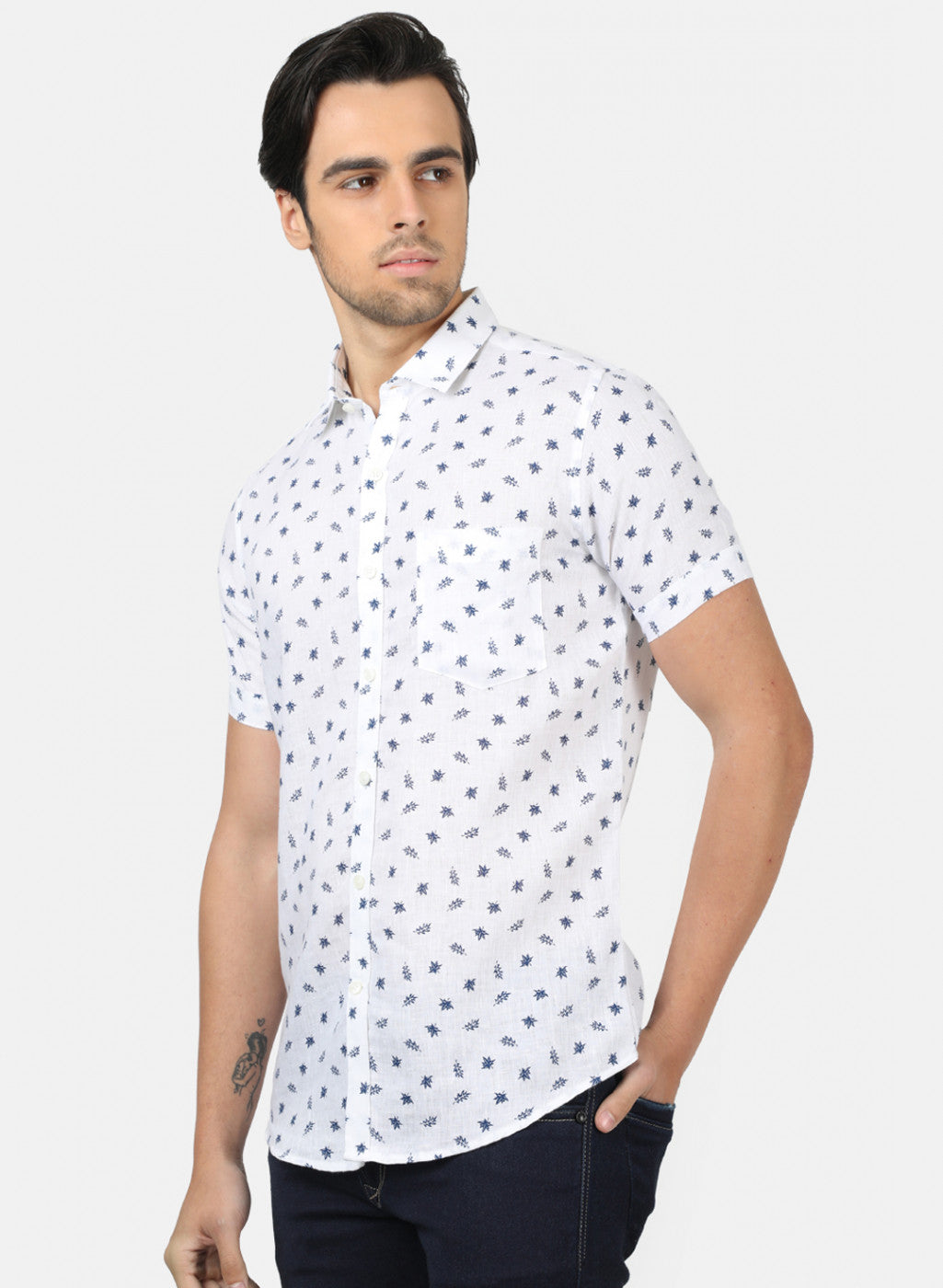 Men White Printed Linen Shirt