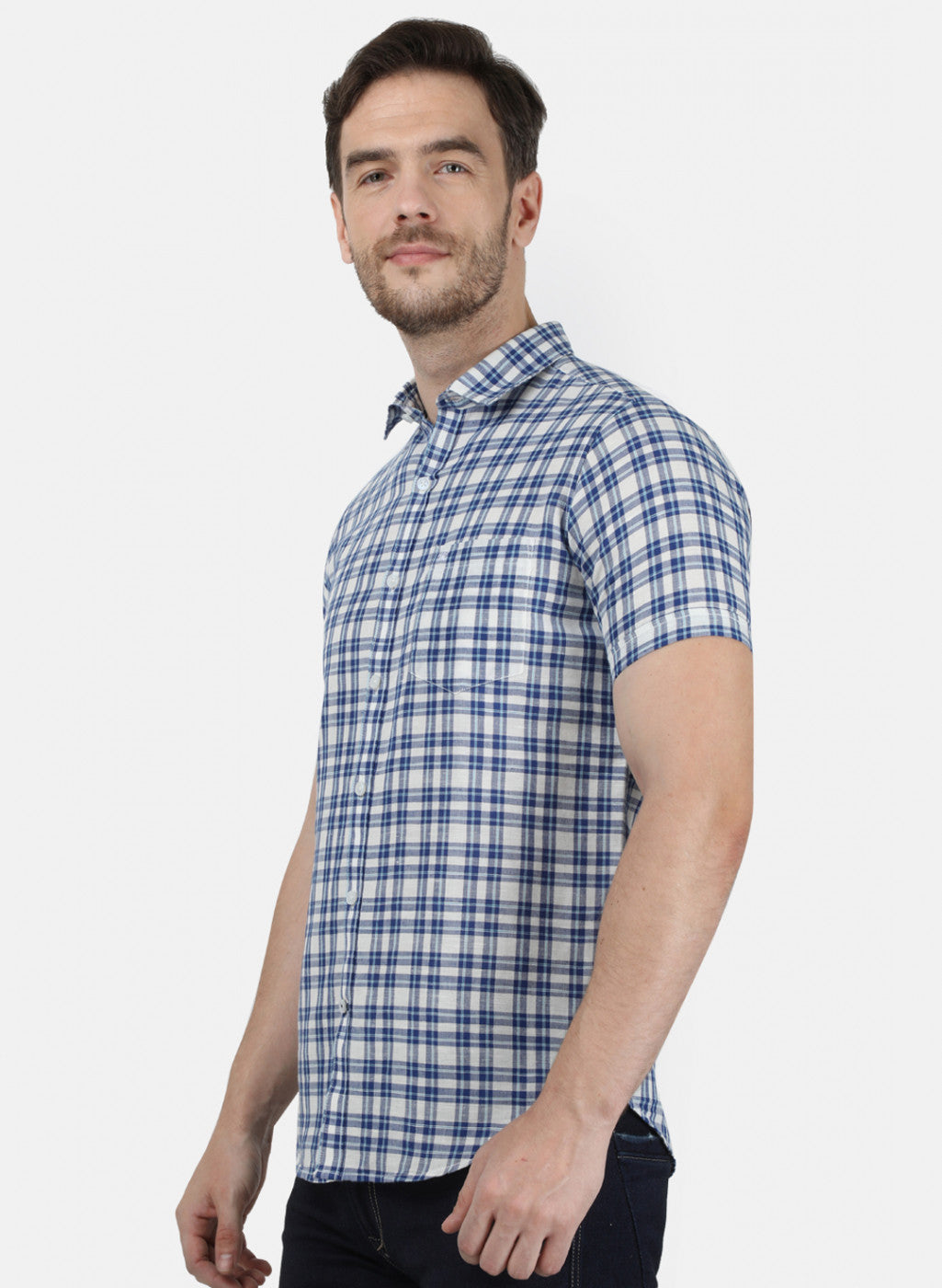 Mens Blue Check Linen Shirt