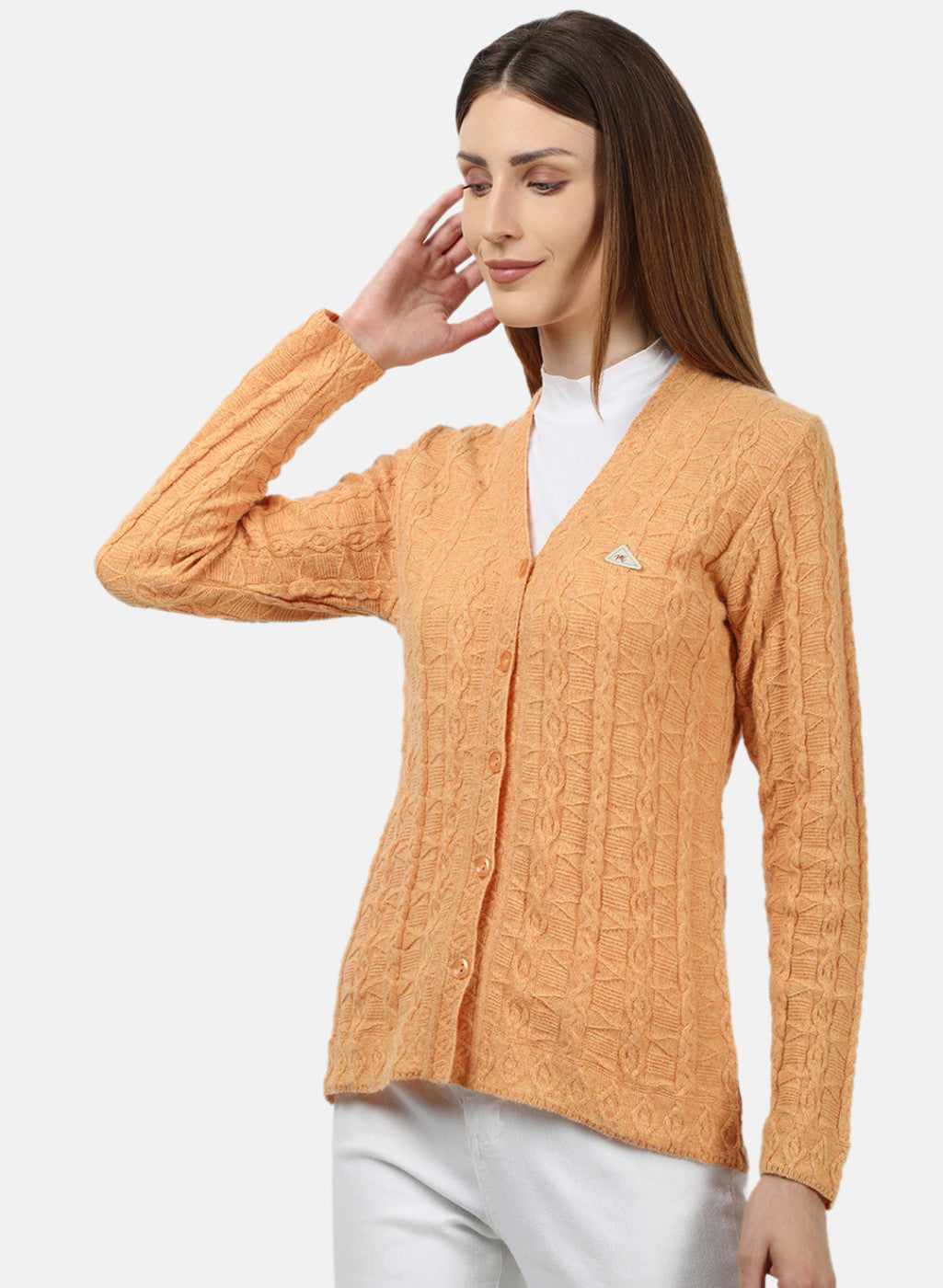 Women Light Orange Self Design Cardigan