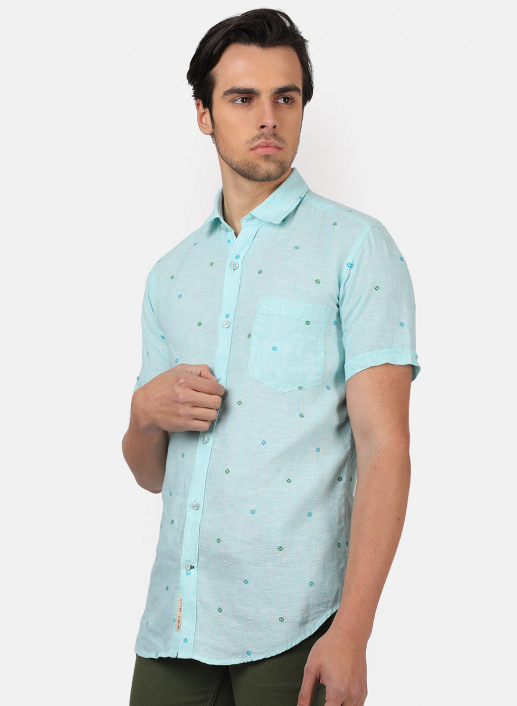 Men Blue Printed Linen Shirt