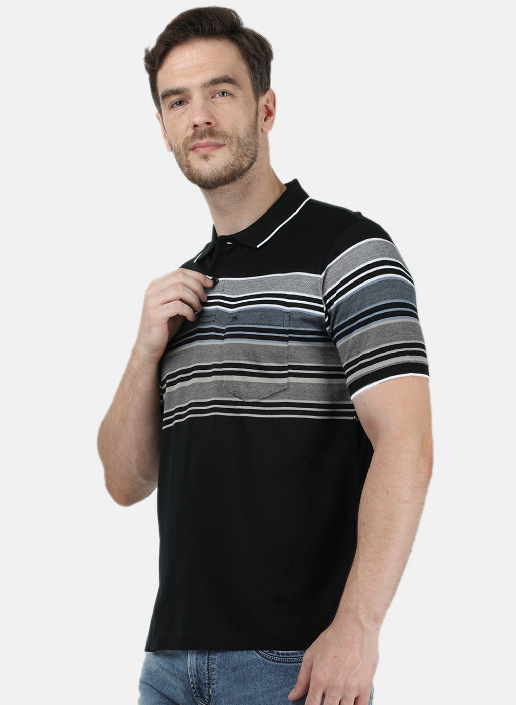 Mens Black Stripe Collar T-Shirts