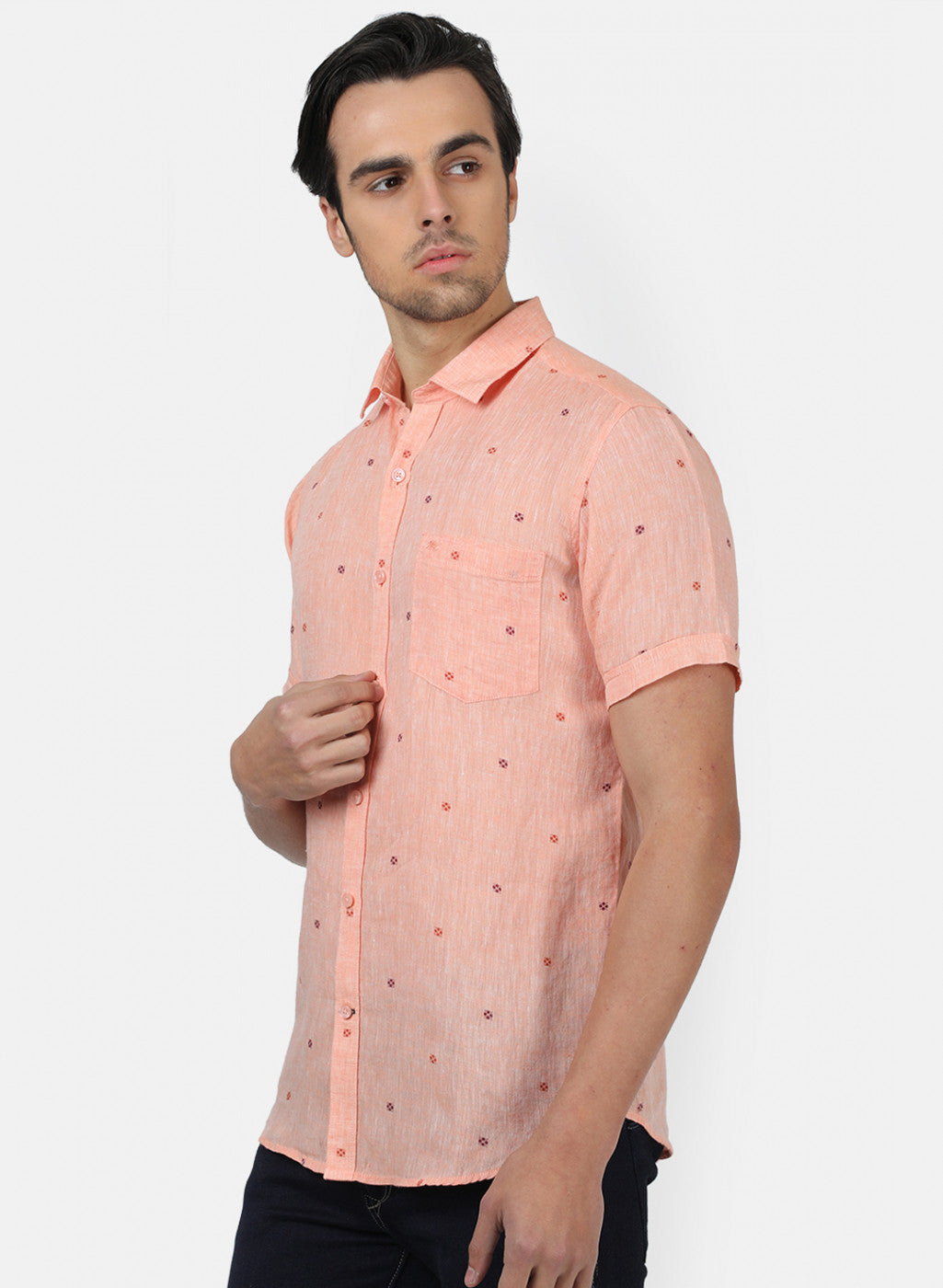 Men Peach Printed Linen Shirt