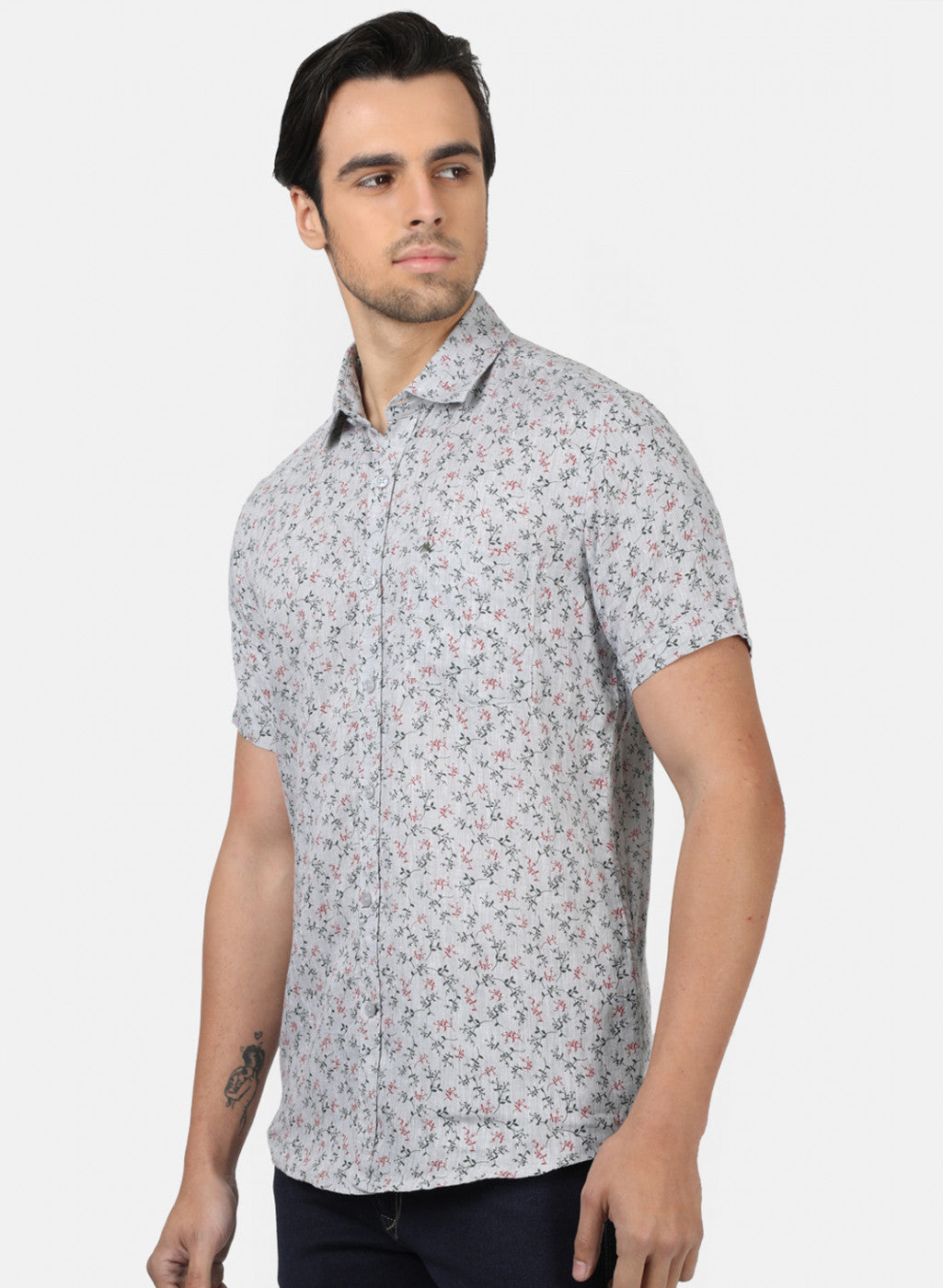 Men Grey Printed Linen Shirt