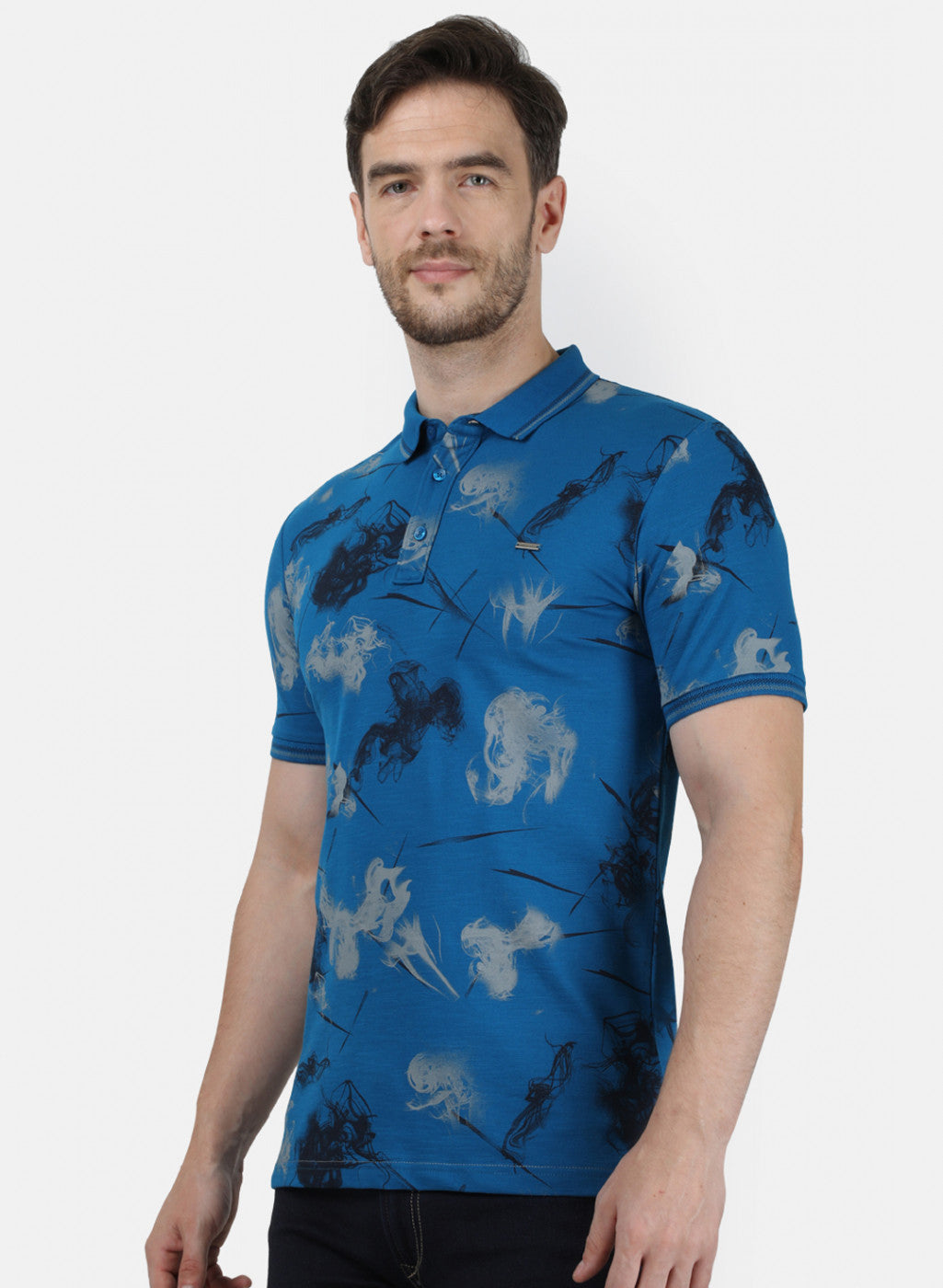 Mens Blue Printed Collar T-Shirts