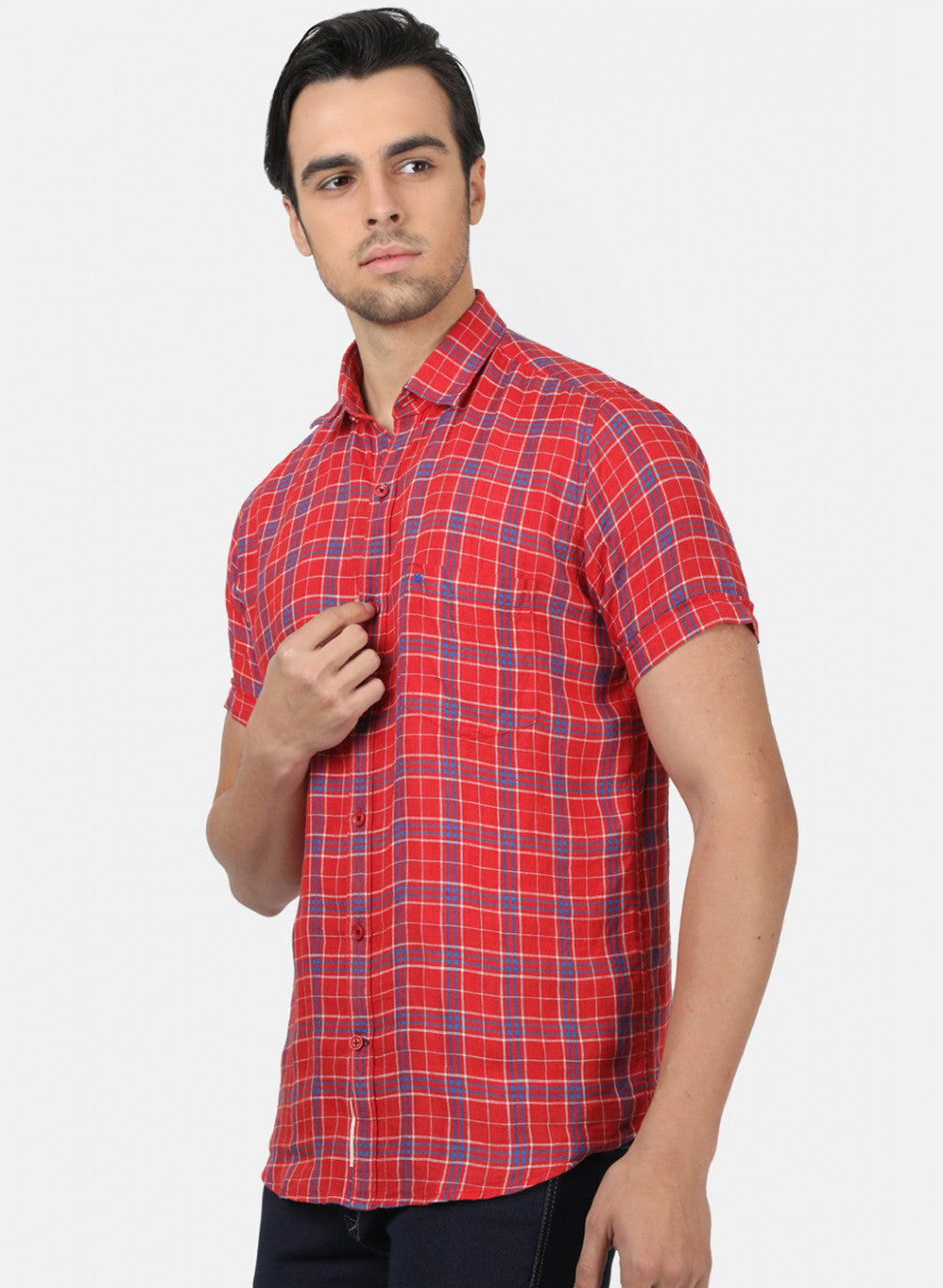 Men Red Check Linen Shirt
