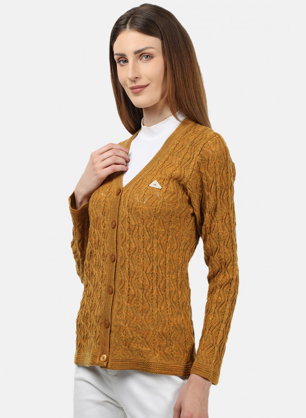 Women Yellow Self Design Cardigan