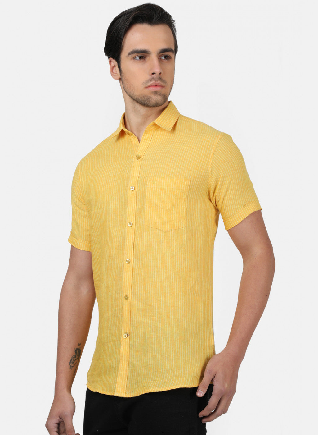 Men Yellow Stripe Linen Shirt