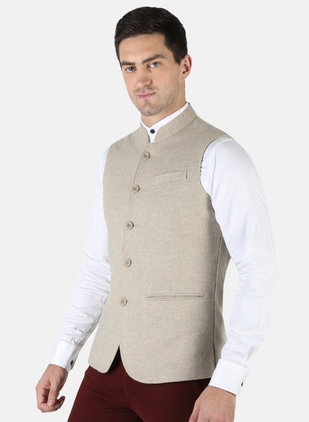 Men Beige Plain Coat